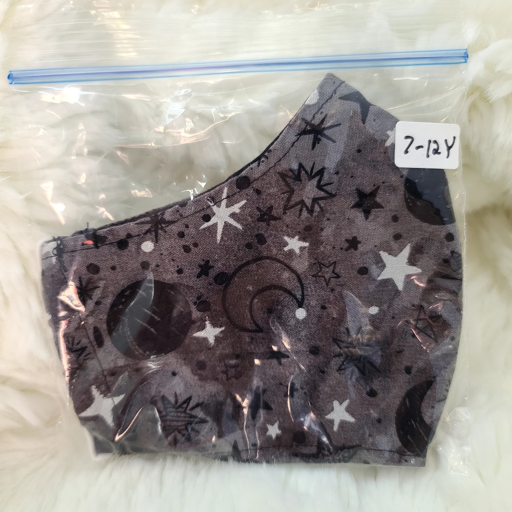 Mask, youth age 7-12, black, gray, white stars, moons pattern, new 100% cotton